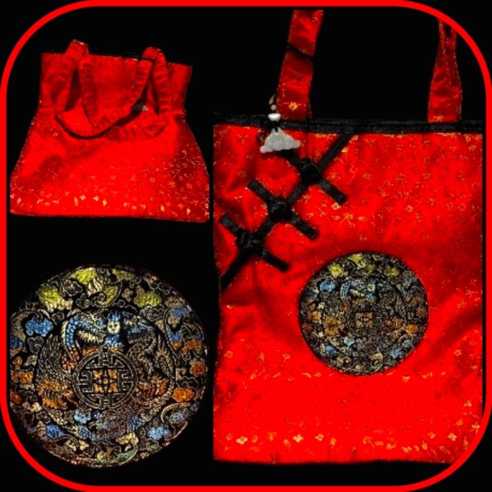 Red Silk Oriental Kimono Style Bag, with Jade Pendant-NWOT